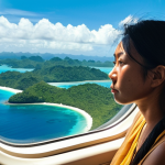 The Journey to Paradise**
A person looking out of an airplane window at a distant, sun-drenched tropical island, hinting at the long journey to Palau. The scene includes elements of modern airport terminals or a plane cabin, suggesting multiple international layovers (e.g., modern Asian airport style), with the traveler appearing weary but filled with anticipation.

**