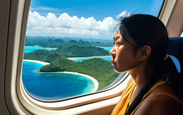 The Journey to Paradise**
A person looking out of an airplane window at a distant, sun-drenched tropical island, hinting at the long journey to Palau. The scene includes elements of modern airport terminals or a plane cabin, suggesting multiple international layovers (e.g., modern Asian airport style), with the traveler appearing weary but filled with anticipation.
**