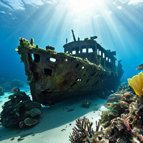 Home 8 **
A vibrant underwater scene in Palau, showcasing a World War II shipwreck overgrown with colorful coral and teeming with marine life. Divers explore the wreck, with beams of sunlight filtering through the water. Emphasize the contrast between the historical artifact and the thriving ecosystem.
**
