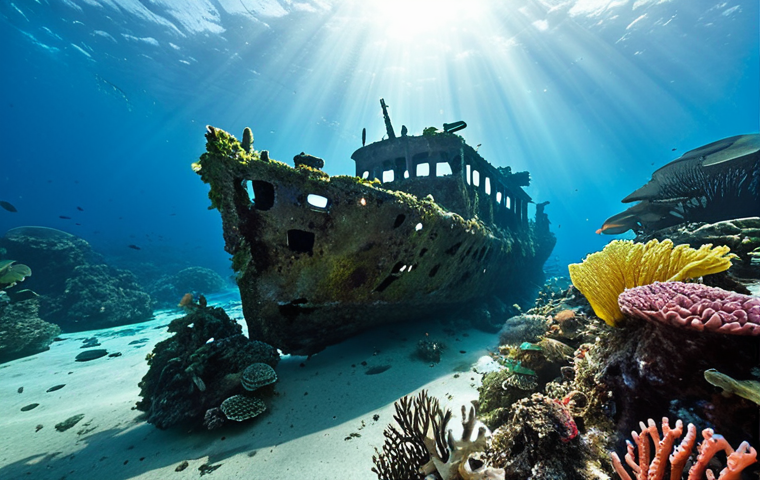 **

A vibrant underwater scene in Palau, showcasing a World War II shipwreck overgrown with colorful coral and teeming with marine life. Divers explore the wreck, with beams of sunlight filtering through the water. Emphasize the contrast between the historical artifact and the thriving ecosystem.

**
