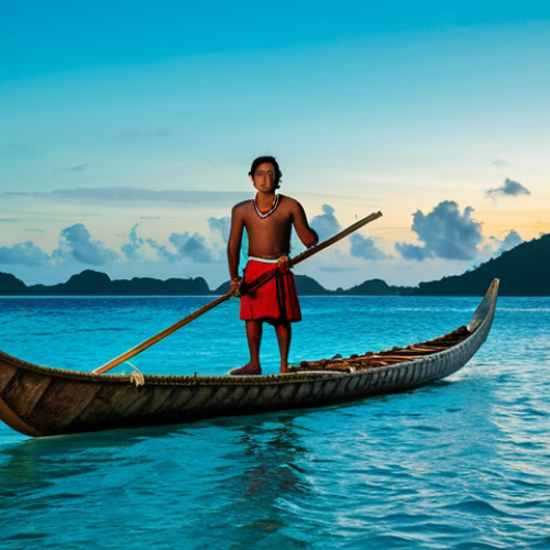 A wise indigenous Palauan navigator, fully clothed in modest, traditional attire, stands confidently on a meticulously crafted outrigger canoe at dawn. The serene turquoise ocean stretches to the horizon, dotted with distant islands, while fading stars are faintly visible in the clearing sky, indicating early morning. The image captures the essence of ancestral navigation, respecting the sea and sky, showcasing perfect anatomy, correct proportions, and a natural pose. This scene is safe for work, appropriate content, fully clothed, professional photography, and high quality.
