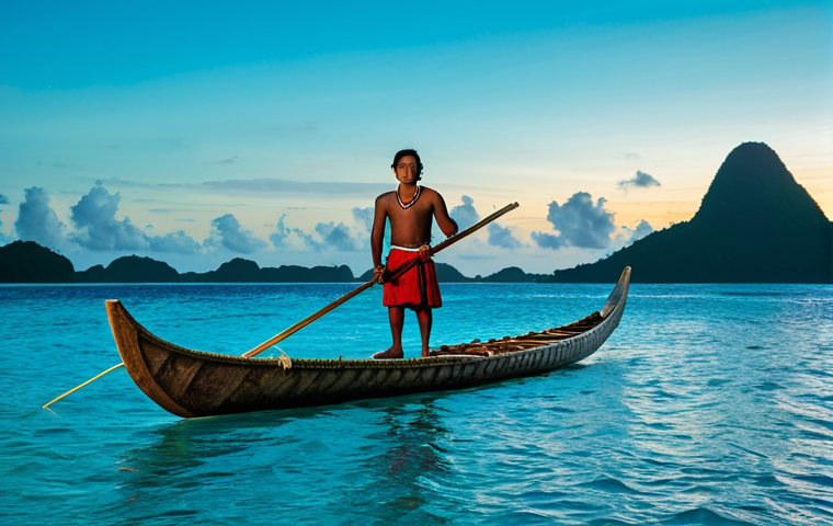 A wise indigenous Palauan navigator, fully clothed in modest, traditional attire, stands confidently on a meticulously crafted outrigger canoe at dawn. The serene turquoise ocean stretches to the horizon, dotted with distant islands, while fading stars are faintly visible in the clearing sky, indicating early morning. The image captures the essence of ancestral navigation, respecting the sea and sky, showcasing perfect anatomy, correct proportions, and a natural pose. This scene is safe for work, appropriate content, fully clothed, professional photography, and high quality.
