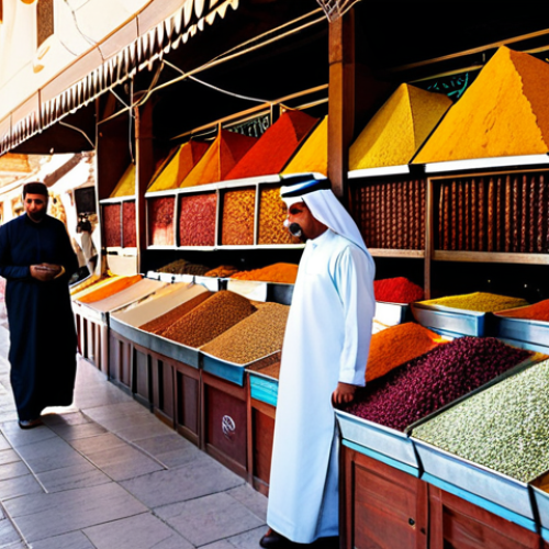 Doha Souq Waqif**

"A vibrant scene inside Doha's Souq Waqif, safe for work, appropriate content. Focus on a spice stall overflowing with colorful spices, a merchant in traditional Qatari clothing, and customers examining the goods. Capture the bustling atmosphere with soft, diffused sunlight filtering through the market stalls. Perfect anatomy, correct proportions, fully clothed, professional photography, high quality, modest attire."

**