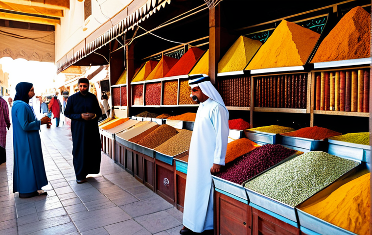 Doha Souq Waqif**

"A vibrant scene inside Doha's Souq Waqif, safe for work, appropriate content. Focus on a spice stall overflowing with colorful spices, a merchant in traditional Qatari clothing, and customers examining the goods. Capture the bustling atmosphere with soft, diffused sunlight filtering through the market stalls. Perfect anatomy, correct proportions, fully clothed, professional photography, high quality, modest attire."

**
