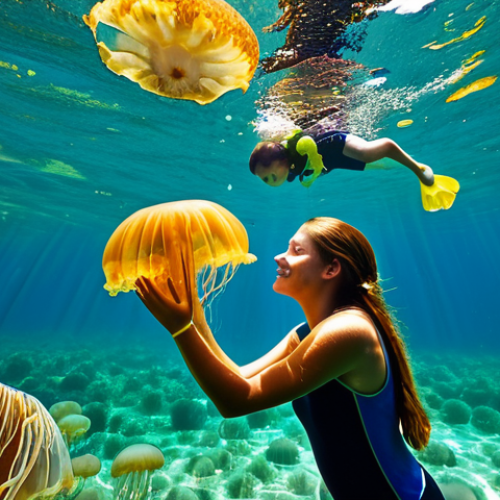 Jellyfish Lake Serenity**

A family-friendly scene of snorkelers gently swimming in Jellyfish Lake, surrounded by countless golden jellyfish, safe for work, appropriate content, fully clothed in rash guards and swimwear, the water is crystal clear with dappled sunlight, natural lighting, underwater photography, correct proportions, natural poses, perfect anatomy, professional quality, modest attire.

**