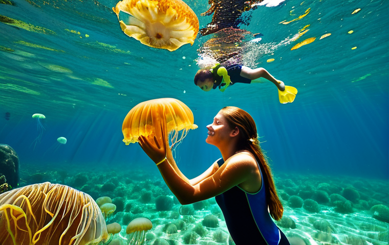 Jellyfish Lake Serenity**

A family-friendly scene of snorkelers gently swimming in Jellyfish Lake, surrounded by countless golden jellyfish, safe for work, appropriate content, fully clothed in rash guards and swimwear, the water is crystal clear with dappled sunlight, natural lighting, underwater photography, correct proportions, natural poses, perfect anatomy, professional quality, modest attire.

**