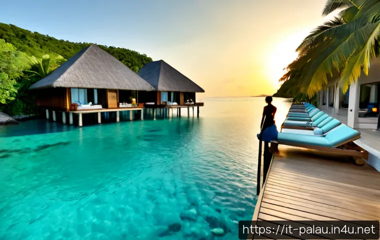 팔라우의 가장 인기 있는 리조트 비교 - Photorealistic luxury tropical resort comparison scene in Palau, elegant split composition: one side...